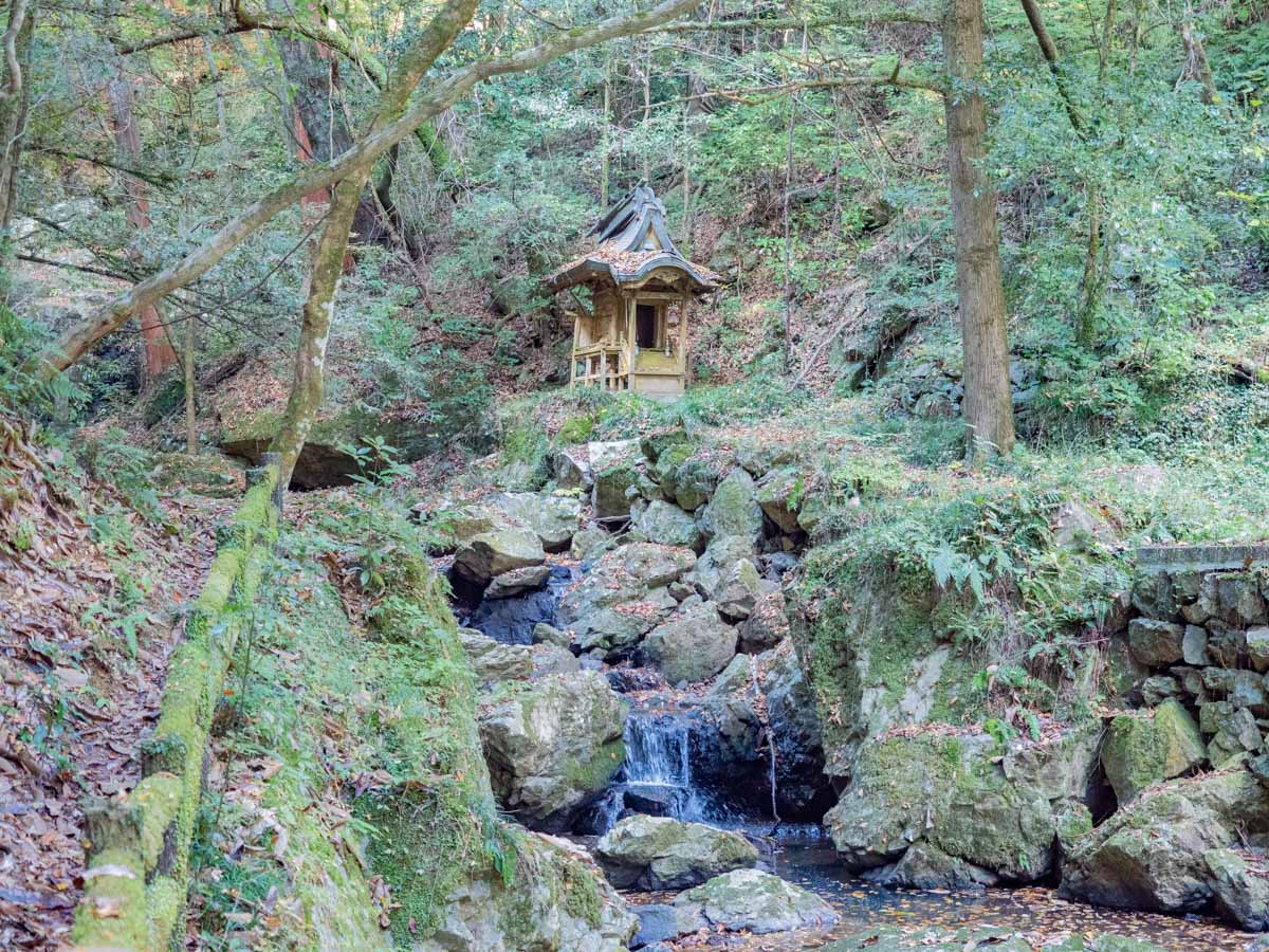 血洗の滝・血洗滝神社：血洗の滝への道から見る血洗滝神社